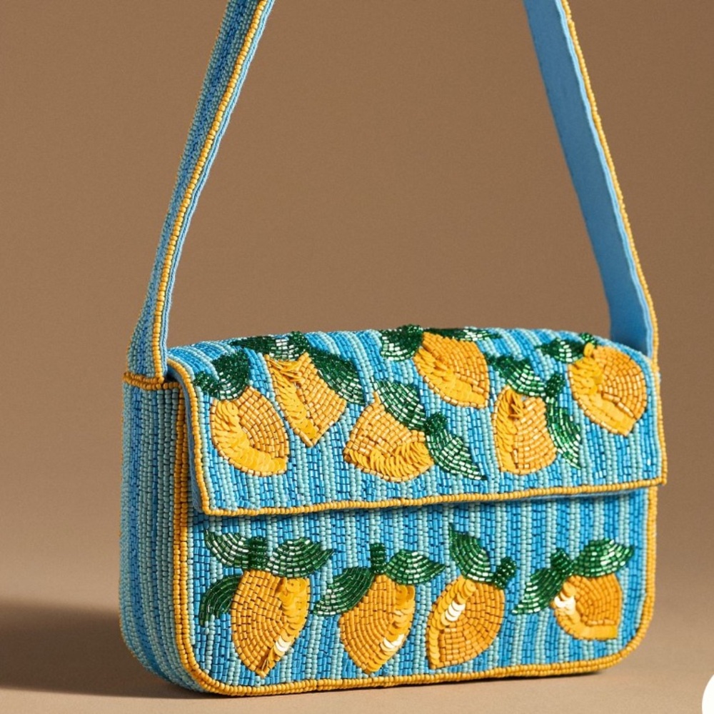 Anthropologie Blue Beaded Shoulder Bag with Yellow Lemon Motif